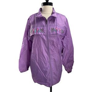 Blair Embroidered Floral Full Zip Windbreaker Jacket Purple Size Medium